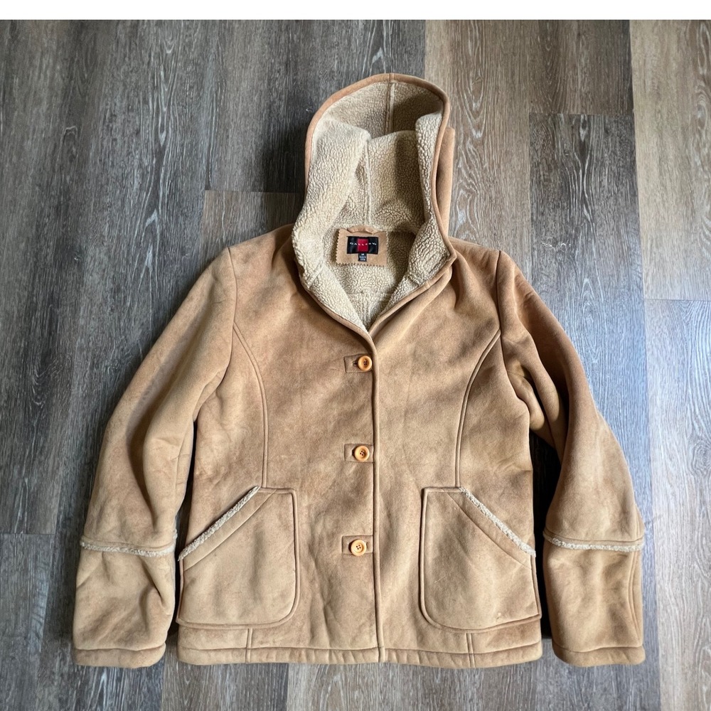 Gallery Hooded Jacket Womens Size M Tan Faux Suede Shearling Lined Coat